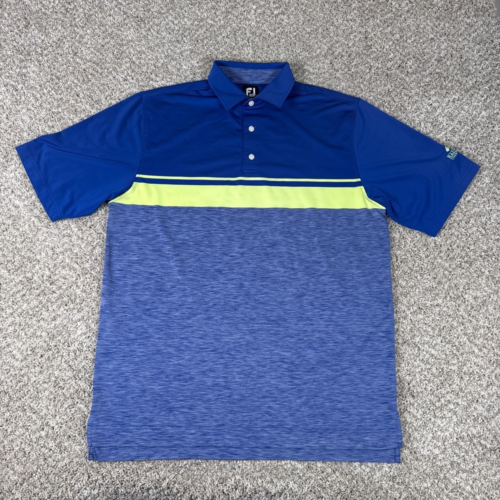 FootJoy Polo Shirt Mens L Blue Heather Neon Stripe Golf Short‎ Sleeve Raintree